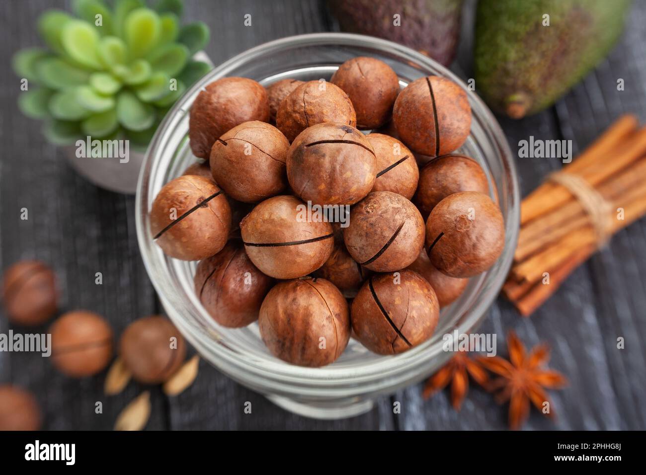 noce di macadamia su fondo di legno Foto Stock