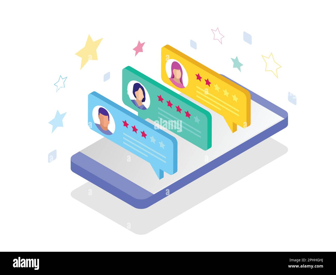 Recensioni dei clienti. Rivedere la valutazione sul telefono cellulare, illustrazione del vettore di feedback. Leggere le recensioni dei clienti nello smartphone prima di acquistare i prodotti. Illustrazione Vettoriale