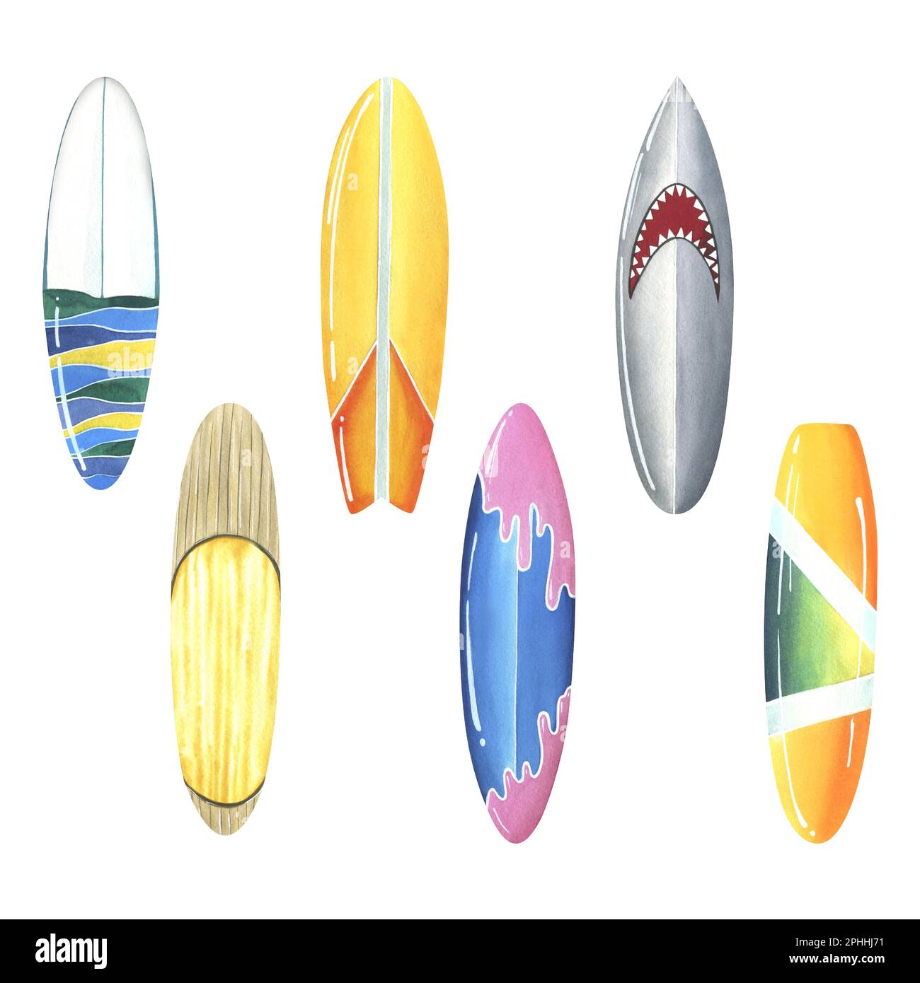 Tavole da surf multicolore e luminose in giallo, arancione, grigio, blu e rosa. Illustrazione acquerello. Insieme di elementi isolati su sfondo bianco. Per Foto Stock