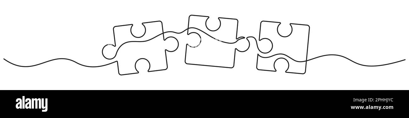 Puzzle linea art.. Pezzi di seghetto alternativo disegno continuo a una linea. Vettore isolato su bianco. Illustrazione Vettoriale