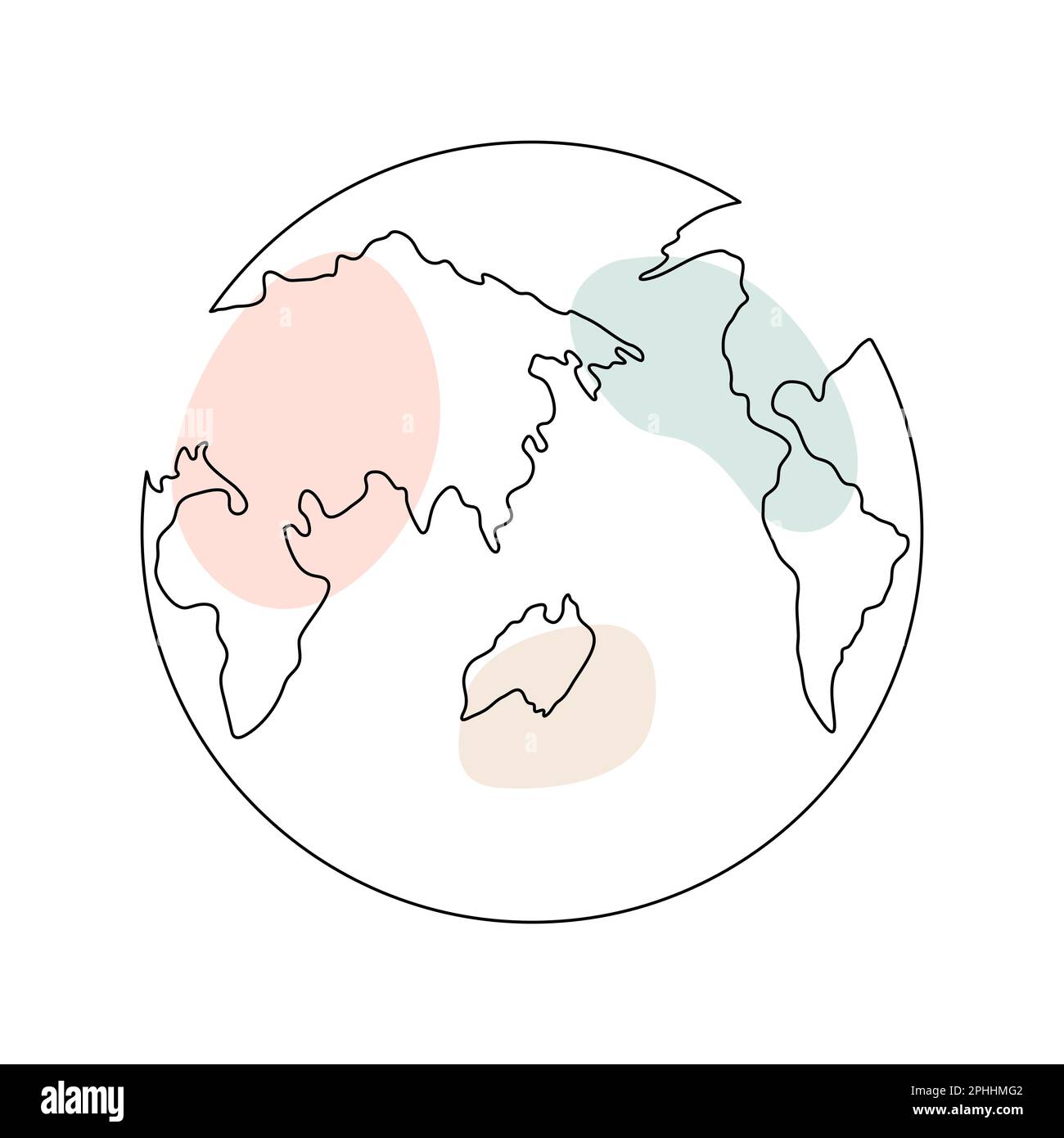 Globo terrestre continua una linea d'arte Mappa del mondo doodle disegno lineare con forme pastello. Illustrazione Vettoriale