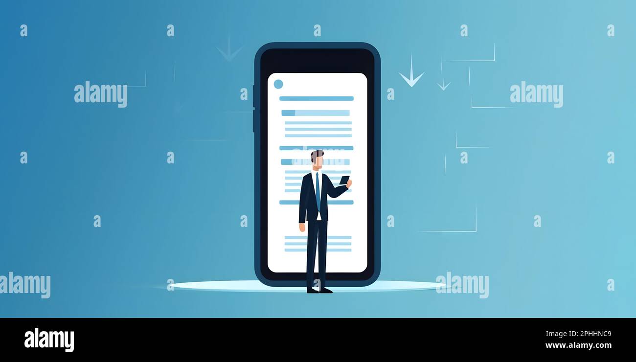 Concetto di monitoraggio delle prestazioni aziendali, imprenditore che utilizza lo smartphone compilazione del sondaggio online, lista di controllo del modulo digitale, sfondo blu. Foto Stock