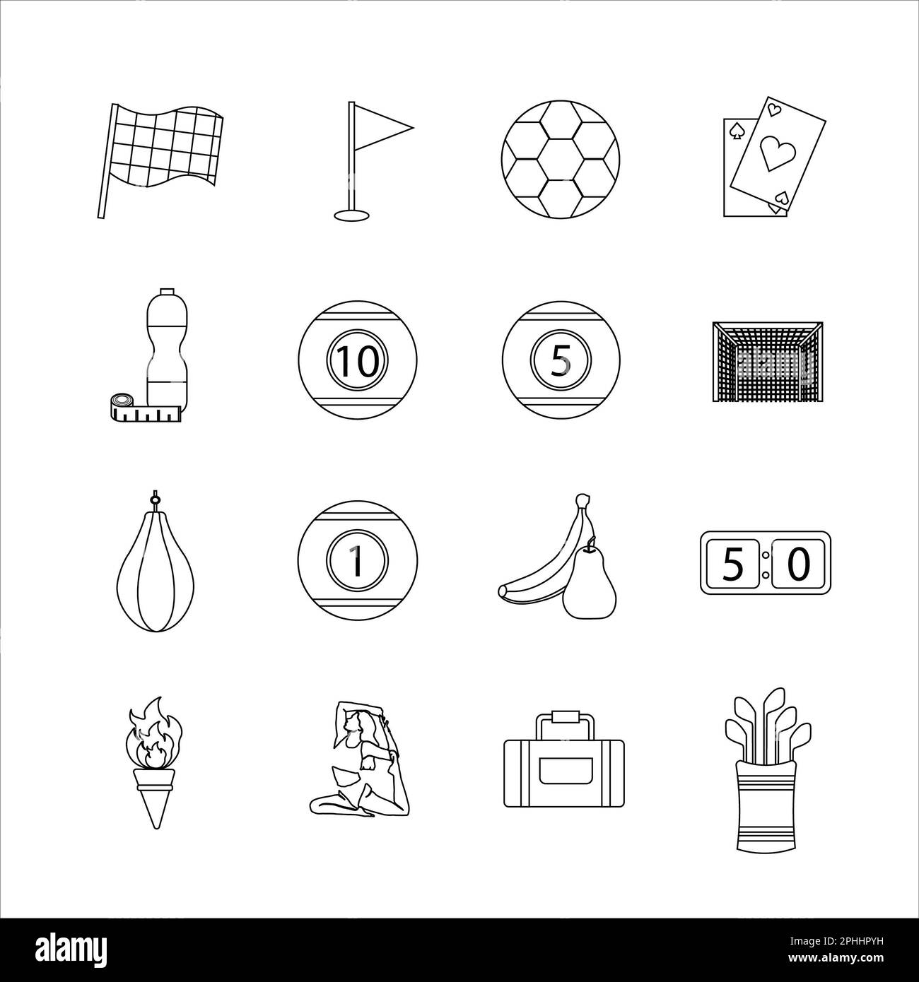 Collezione di icone con diversi sport e sana alimentazione in disegno di contorno Foto Stock