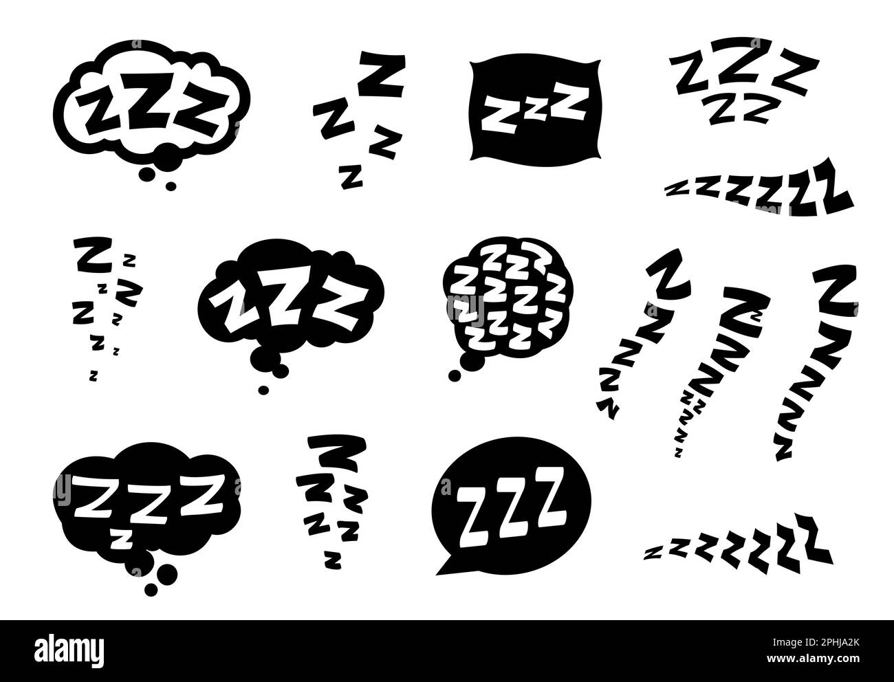 ZZZ, ZZZZ doodle letto dormire e snore icone di snoze nap vettore Z suono icone. Bolle di nube addormentata e cuscini di sonno o sveglia ZZZ doodle Illustrazione Vettoriale