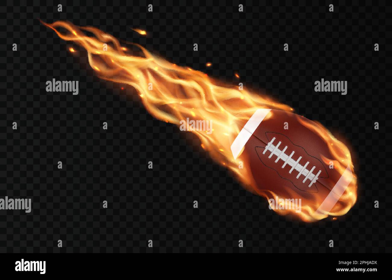 Palla di football americano volante con fuoco fiamma sentieri, vettore di sfondo gioco sportivo. Football americano o palla di rugby da calcio che vola in fiamme, fuoco Illustrazione Vettoriale