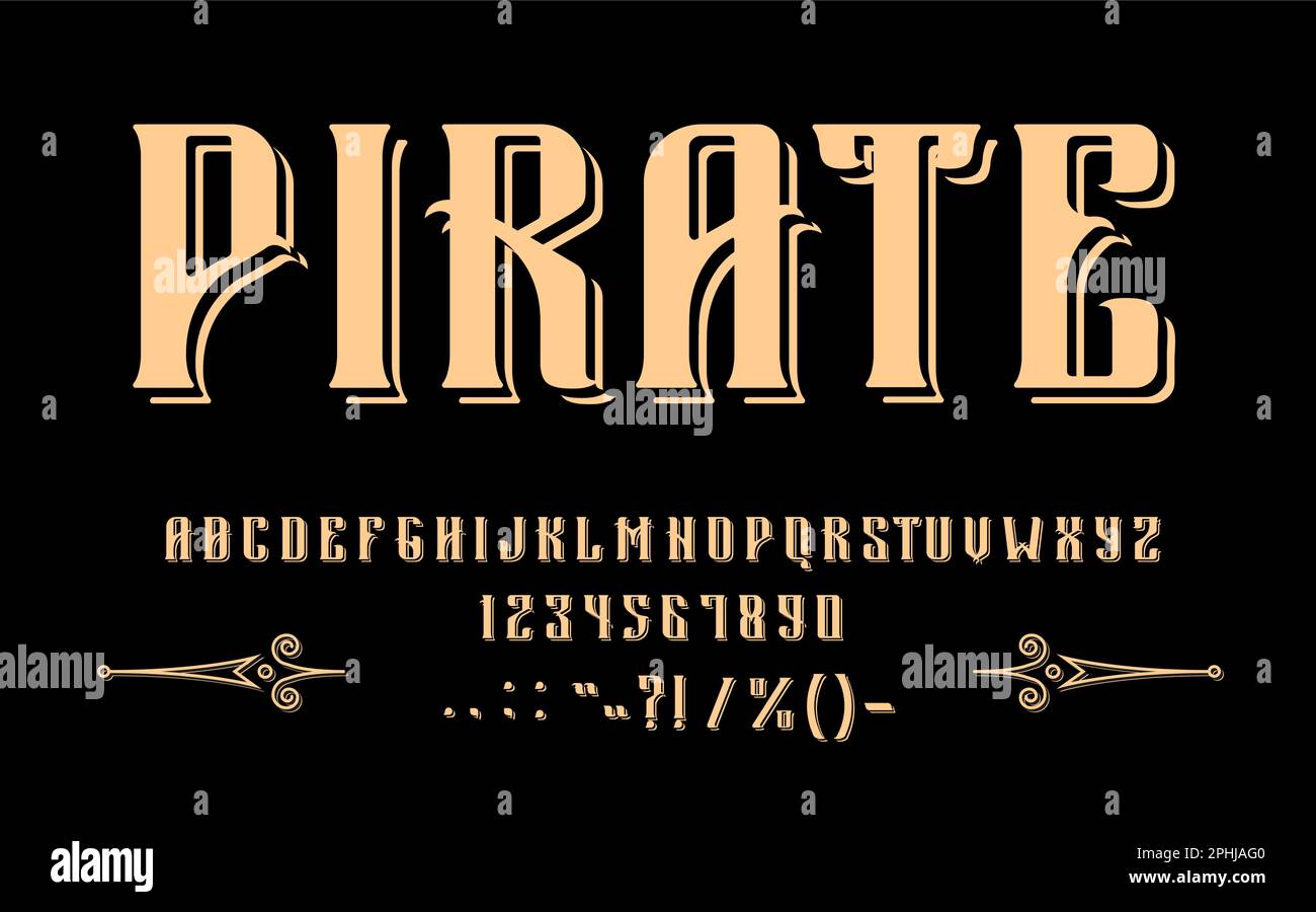 Tipo di carattere pirata medievale, carattere corsair e alfabeto nautico, testo tipografico vettoriale. Vintage caraibico pirata typeset, capitano marino o corsa Illustrazione Vettoriale