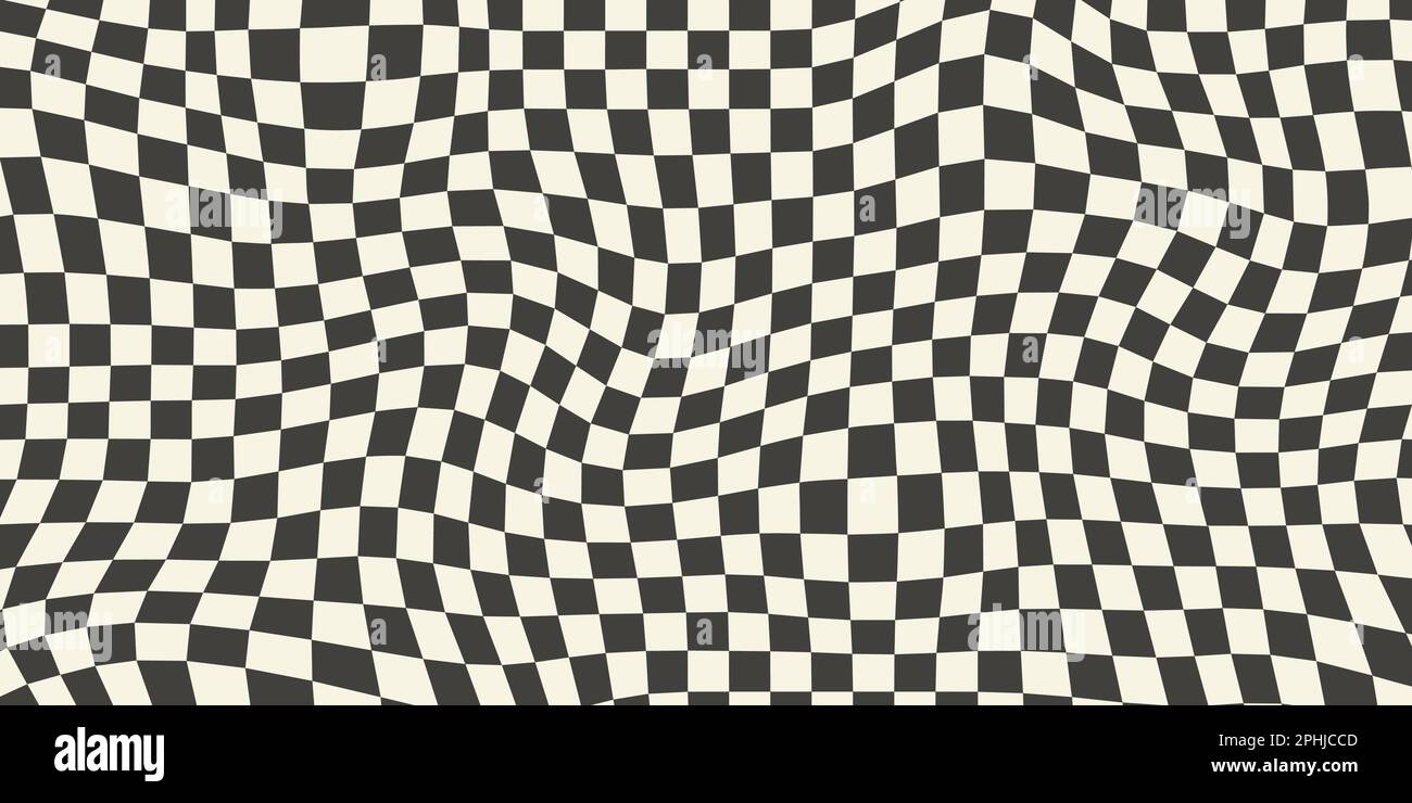 Sfondo scacchiera trippy. Carta da parati retrò psichedelica a scacchi. Superficie ondulata groovy della scacchiera. Ripetizione geometrica distorta. Sfondo vettoriale monocromatico astratto Illustrazione Vettoriale