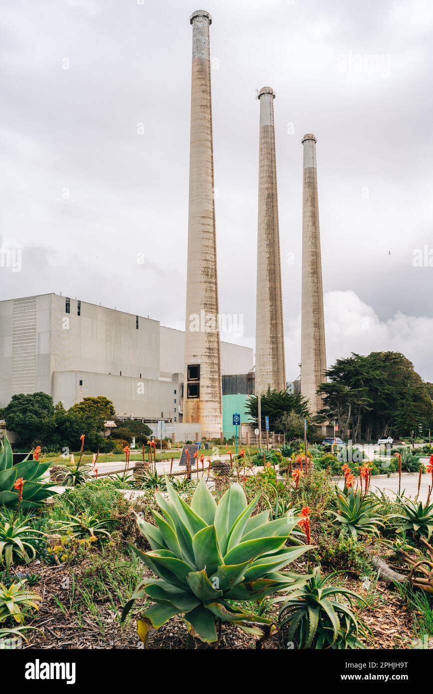 Morro Bay, California, USA - 22 marzo 2023. Morro Bay, famosa attrazione della città, centrali elettriche visibili a 10 km di distanza Foto Stock