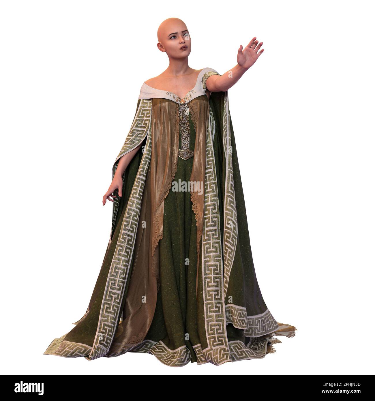 Bald Medieval Fantasy Woman in abito lungo su sfondo bianco isolato, 3D Illustrazione, rendering 3D Foto Stock