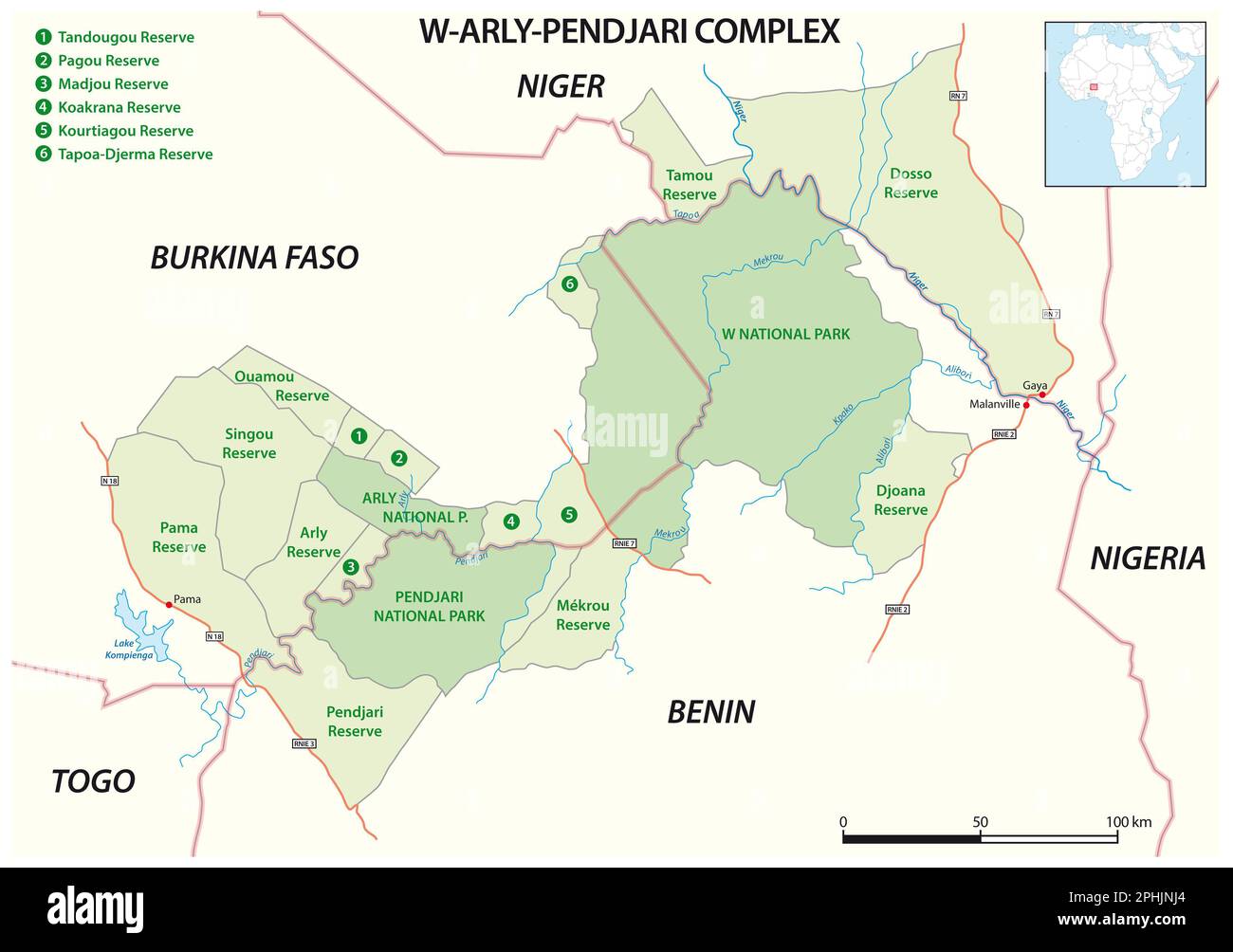 Mappa della zona di conservazione transfrontaliera W Arly Pendjari, Benin, Niger, Burkina Faso Foto Stock