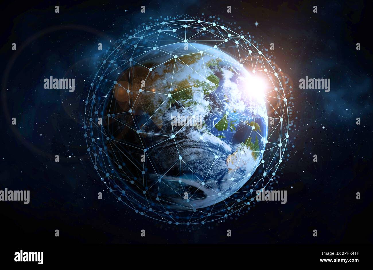 Connessione di rete globale. Messa a terra nello spazio aperto e Web digitale, illustrazione Foto Stock
