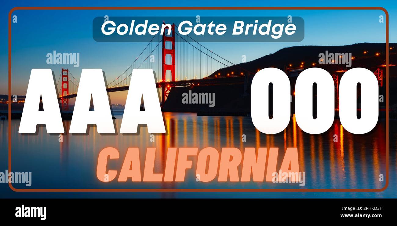 Marcatura delle targhe dei veicoli in California negli Stati Uniti d'America, targhe dei veicoli. Numeri di patente di guida dei diversi stati americani. Stampa vintage per la grafica, l'adesivo e il poster della maglietta Foto Stock