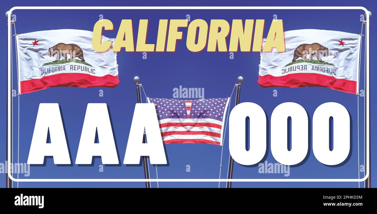 Marcatura delle targhe dei veicoli in California negli Stati Uniti d'America, targhe dei veicoli. Numeri di patente di guida dei diversi stati americani. Stampa vintage per la grafica, l'adesivo e il poster della maglietta Foto Stock