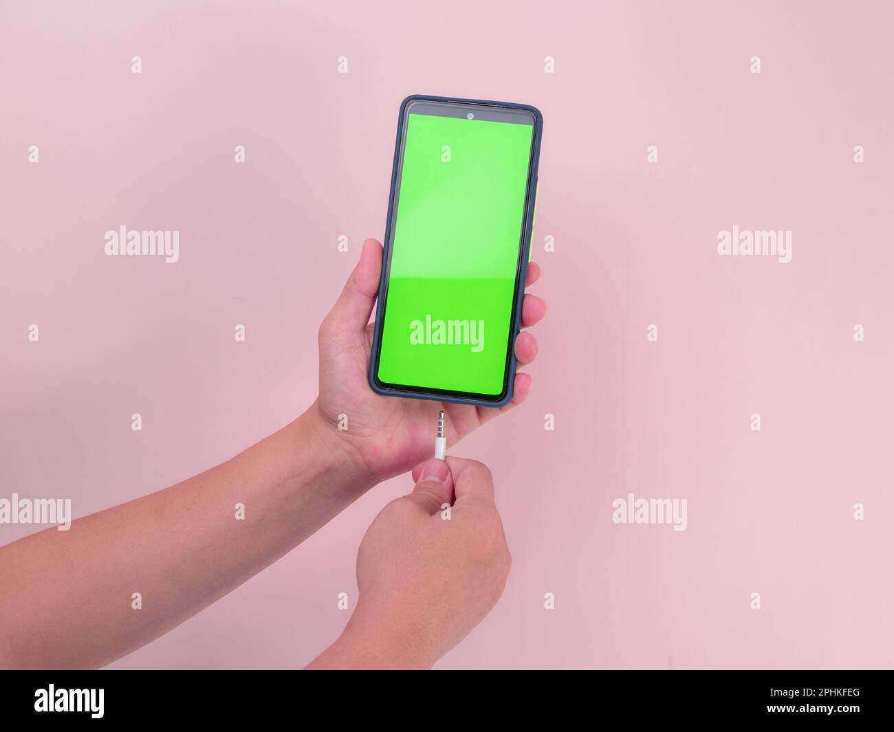 Le mani femminili collegano l'auricolare allo smartphone con lo schermo verde isolato su sfondo rosa. Primo piano dell'inserimento delle cuffie in smartp Foto Stock