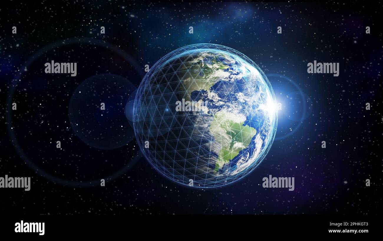 Connessione di rete globale. Messa a terra nello spazio aperto e Web digitale, illustrazione Foto Stock