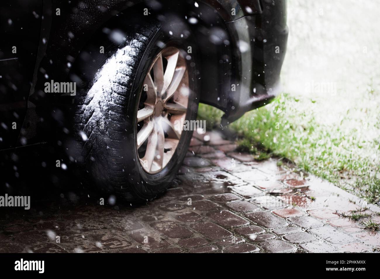 primo piano di una ruota per auto in pneumatici invernali in condizioni di maltempo con neve quando l'erba diventa verde. Fenomeni naturali anomali Foto Stock