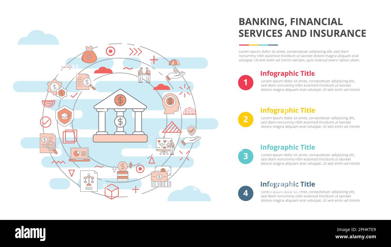 bfsi banking financial services and insurance concept per banner modello infografico con illustrazione vettoriale di informazioni in quattro punti Foto Stock