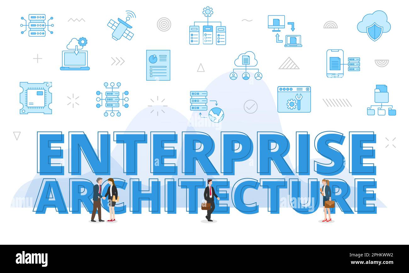 concetto di architettura aziendale con parole grandi e persone circondate da icone correlate con illustrazione vettoriale di colore blu Foto Stock