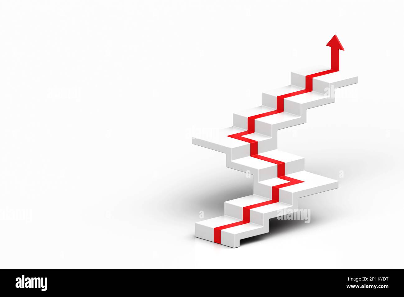 Freccia rossa che segue le scale di crescita su sfondo bianco, 3D freccia che sale su una scala, 3D scale con freccia che sale, 3D rendering Foto Stock