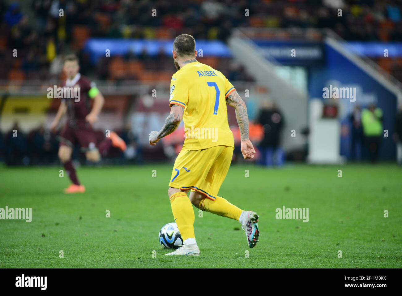 Denis Alibec #7 durante il gioco di qualificazione euro 2024 Romania vs Bielorussia giocato il 28.03.2022, Bucarest , Cristi Stavri Foto Stock