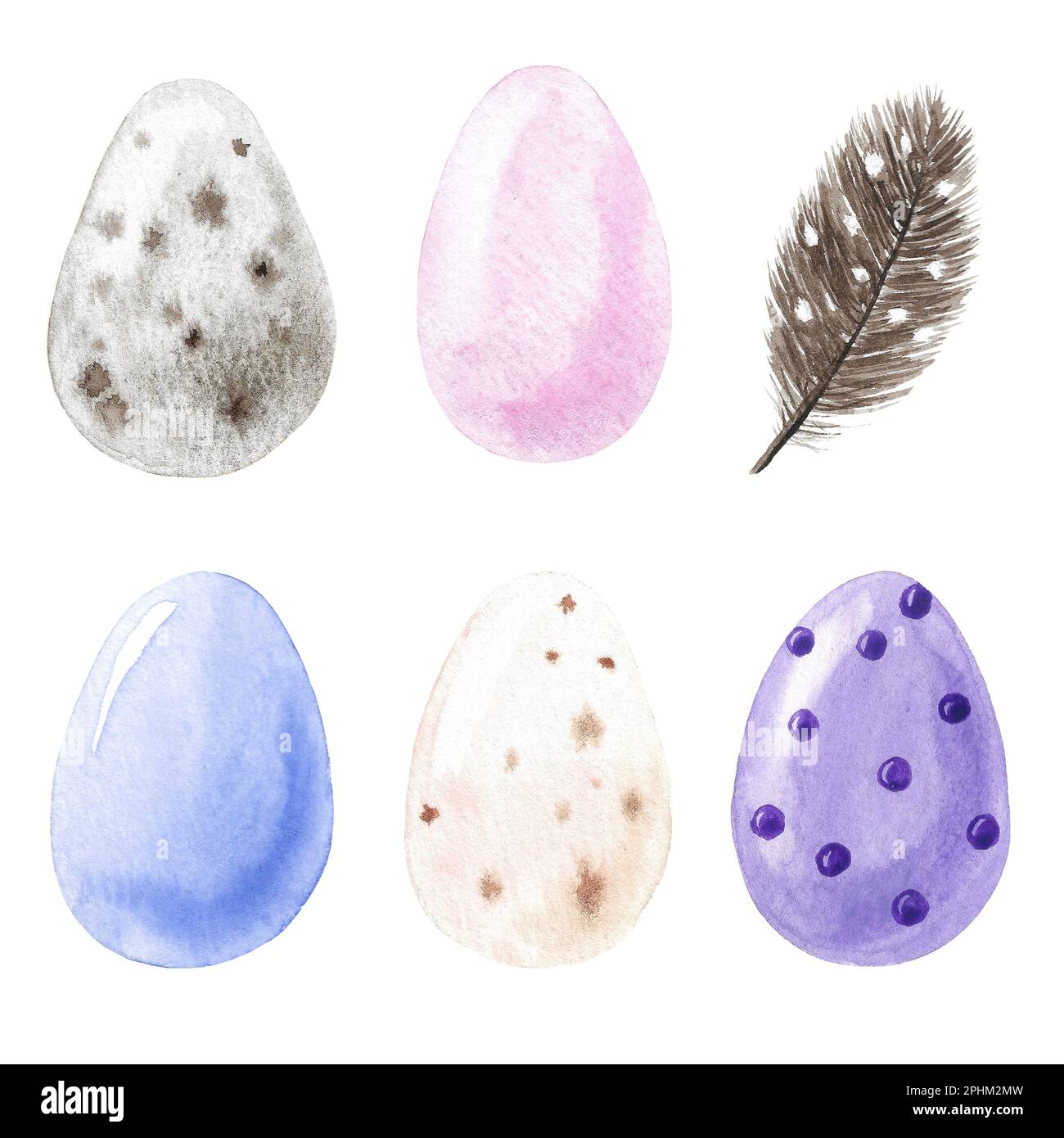 Acquerello dipinto uova di Pasqua e una piuma Foto Stock