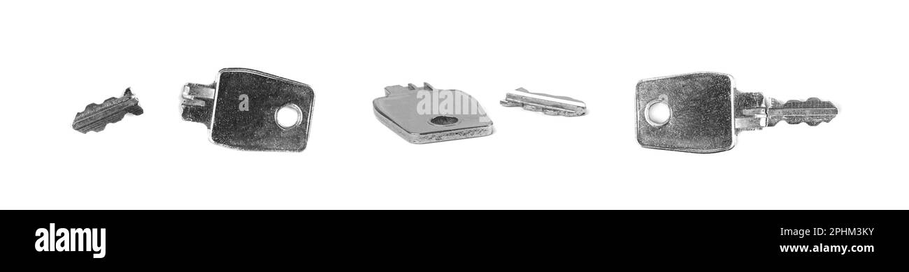 Chiave rotta isolata, concetto servizi Locksmith, simbolo password errato, Invio bloccato, chiave acciaio rotta su sfondo bianco Foto Stock