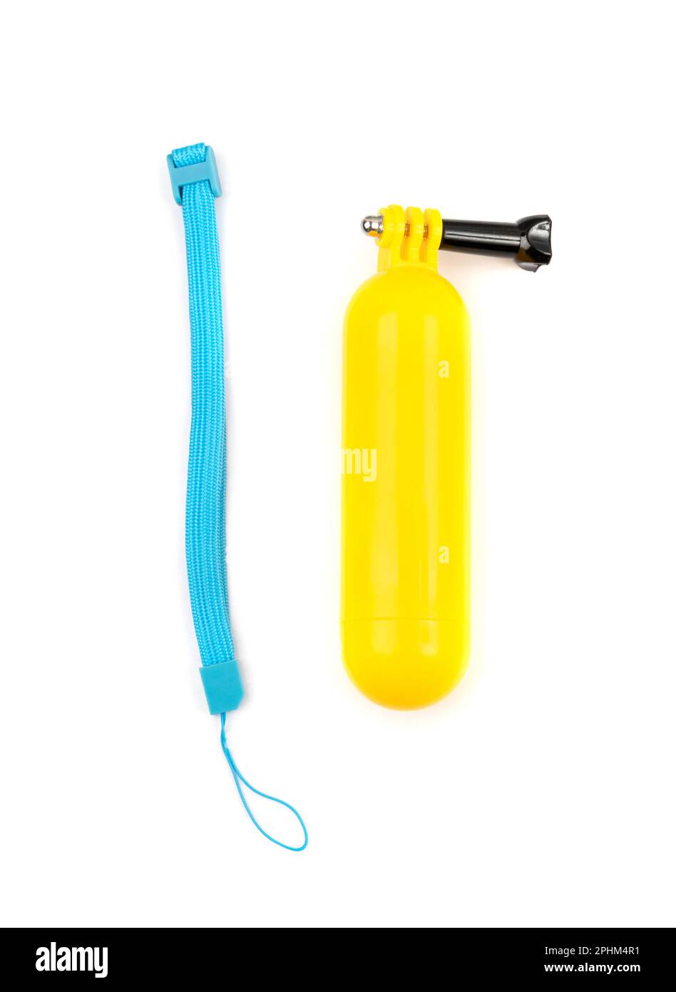 Supporto giallo per Action Cam e fascetta blu isolata Foto Stock