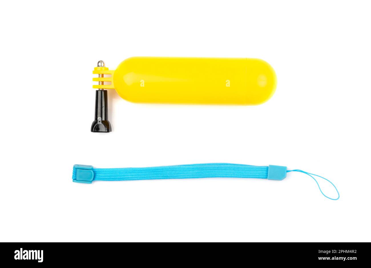 Supporto giallo per Action Cam e fascetta blu isolata Foto Stock