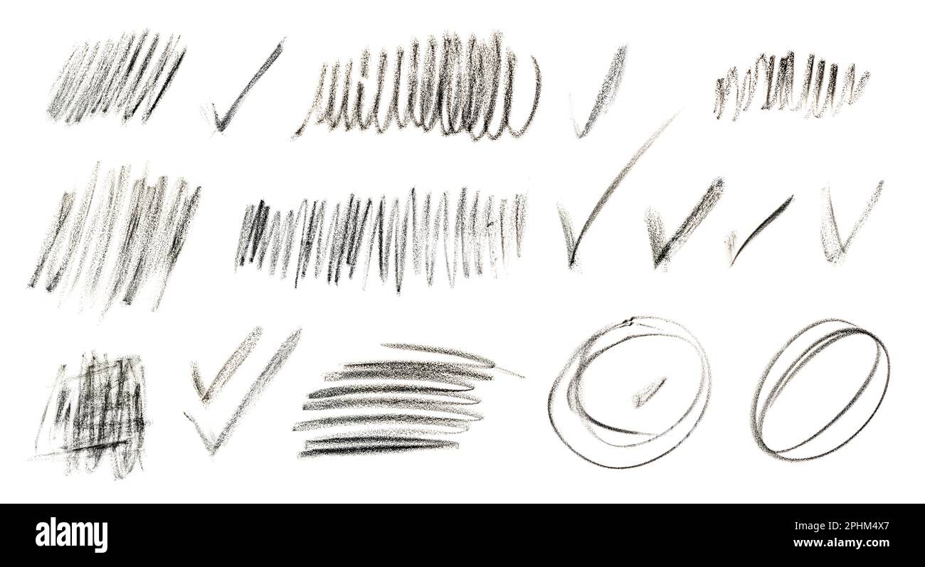 Set di tratti di carbone, Crayon Scribble isolato, tratteggio gesso disegnato a mano, trama di tratti di Crayon su sfondo bianco Foto Stock