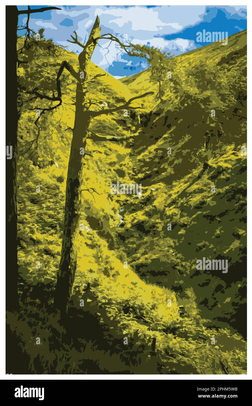 Nostalgico poster retrò di viaggio del Peak District National Park, Inghilterra, Regno Unito nello stile di Work Projects Administration. Illustrazione Vettoriale