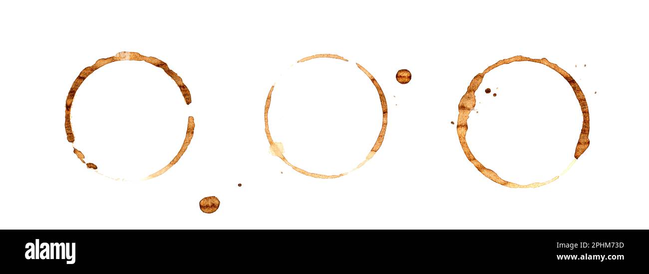 Macchiatura del caffè isolata, Coffe Wet Stamp, tacca rotonda sul fondo della tazza, macchiatura circolare del caffè versata su fondo bianco Foto Stock