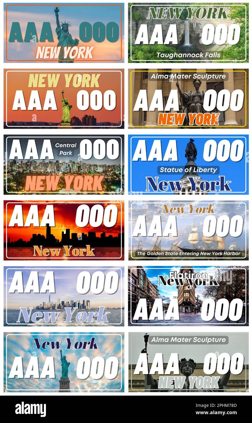 Set completo 12 targhe New York state Stati Uniti - New York 12 Stati Uniti, Design speciale e regolamento per tutti gli Stati Uniti, numeri di targa veicolo negli Stati Uniti (numeri astratti) Foto Stock