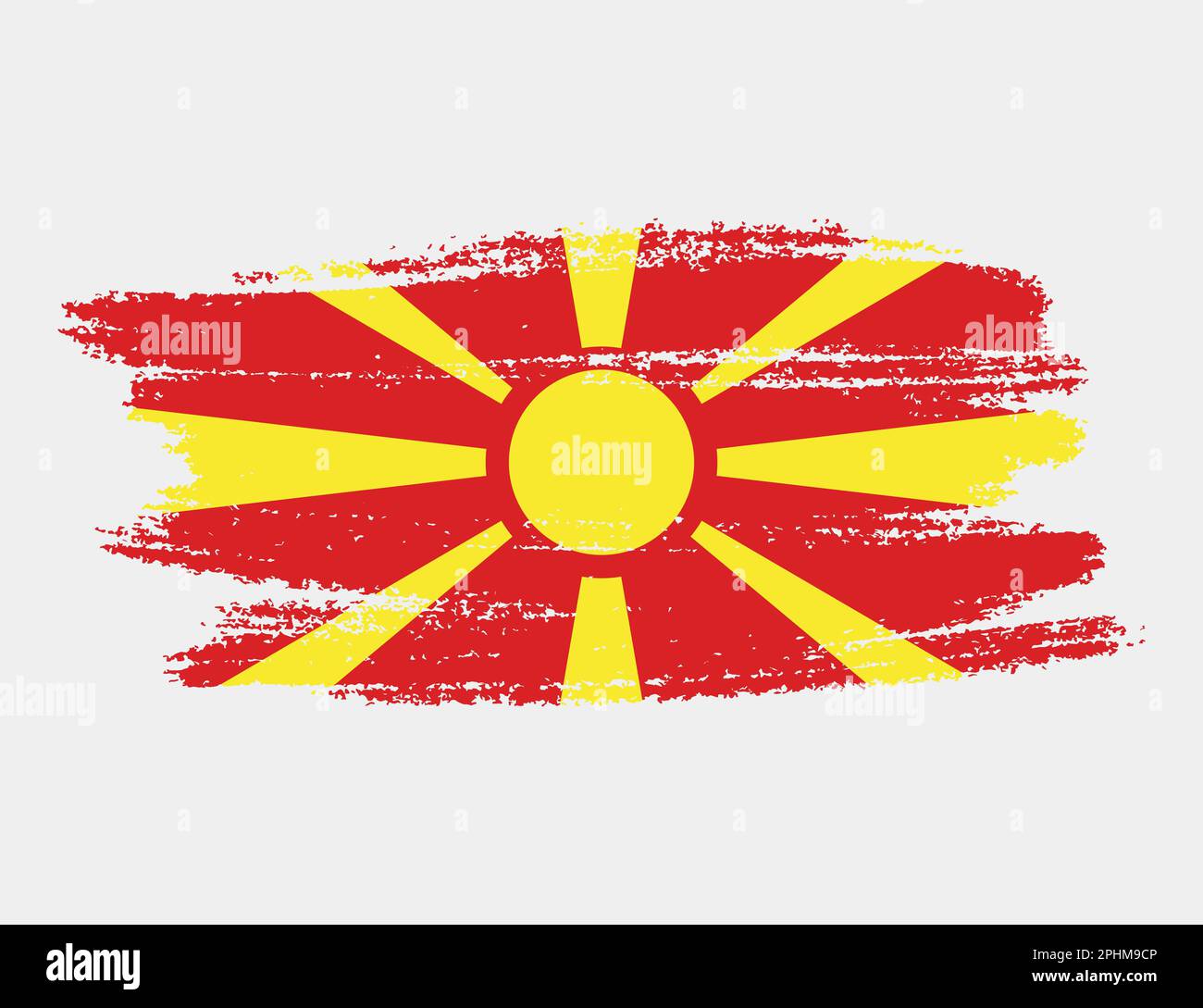 Bandiera artistica a pennello grunge della Macedonia settentrionale isolata su sfondo bianco. Elegante texture della bandiera nazionale Illustrazione Vettoriale