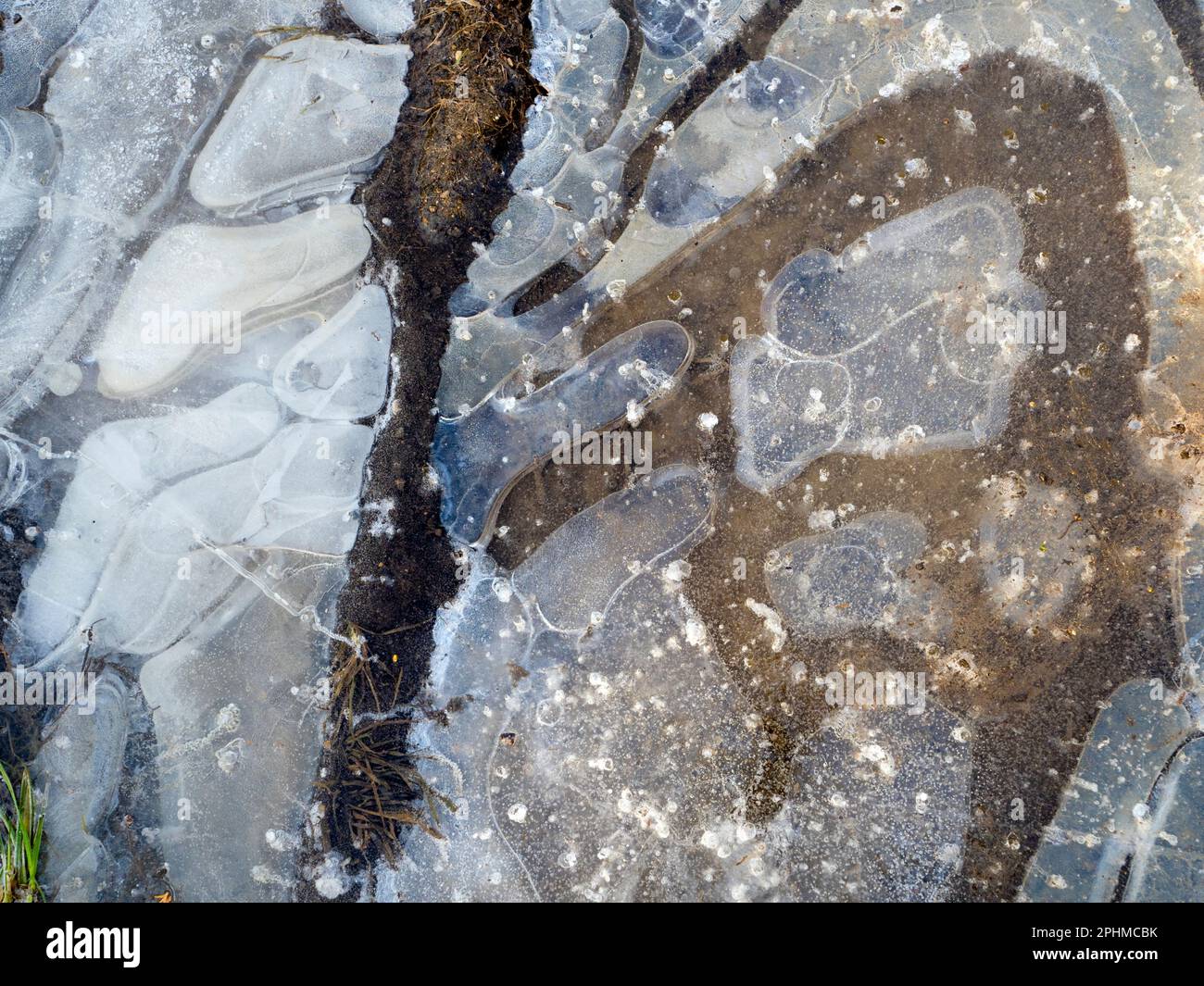 La bellezza è intorno a noi. Ma a volte dovete guardare in giù. Un recente periodo sostenuto di temperature subzero ha portato a stagni ghiacciati e pozze attraverso Foto Stock