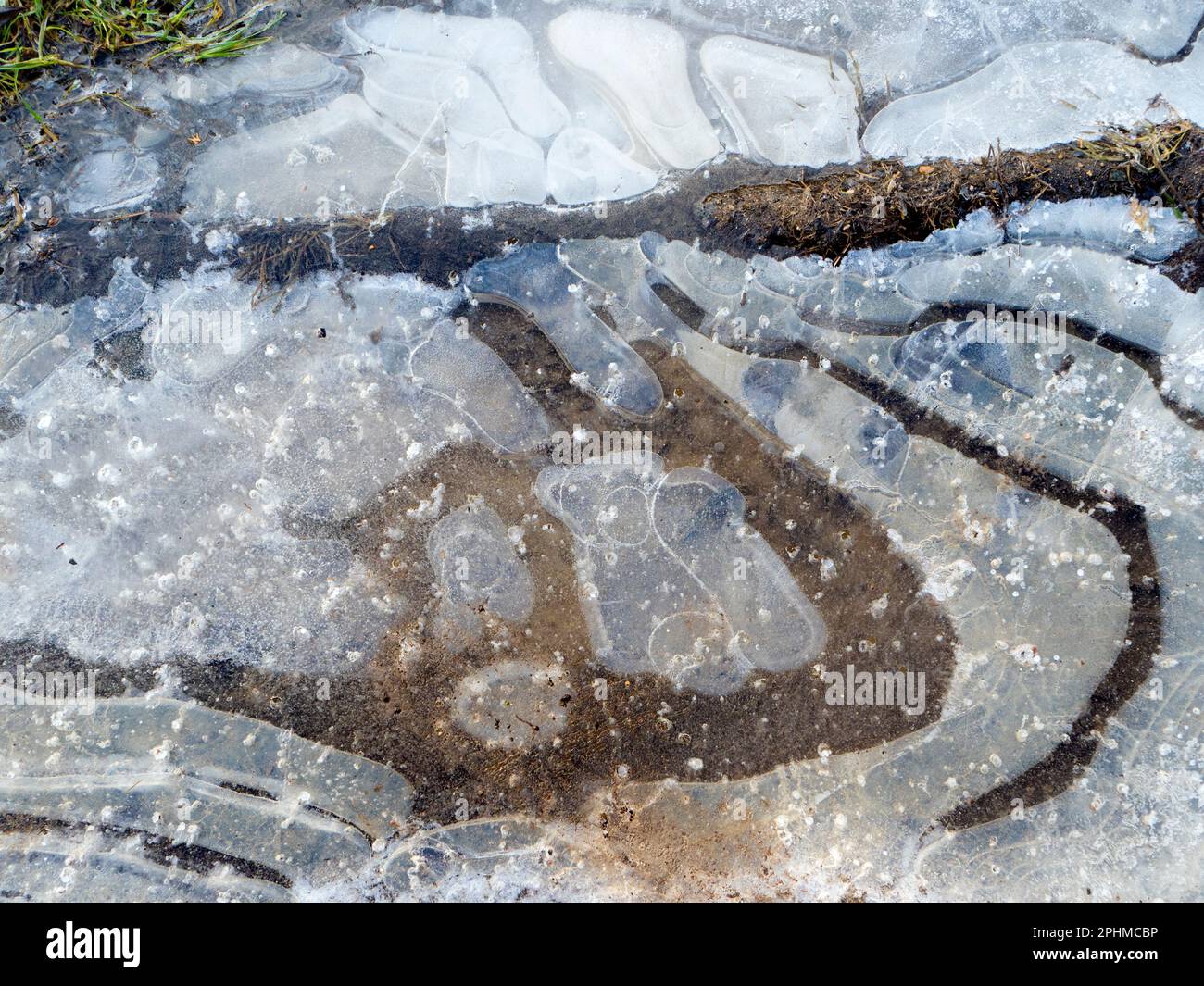 La bellezza è intorno a noi. Ma a volte dovete guardare in giù. Un recente periodo sostenuto di temperature subzero ha portato a stagni ghiacciati e pozze attraverso Foto Stock