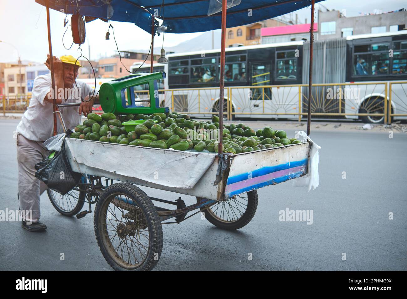 Mobile Street vendor vendita avocado, aguacate, palta. Un carrello di avocado si siede sul lato della strada Foto Stock