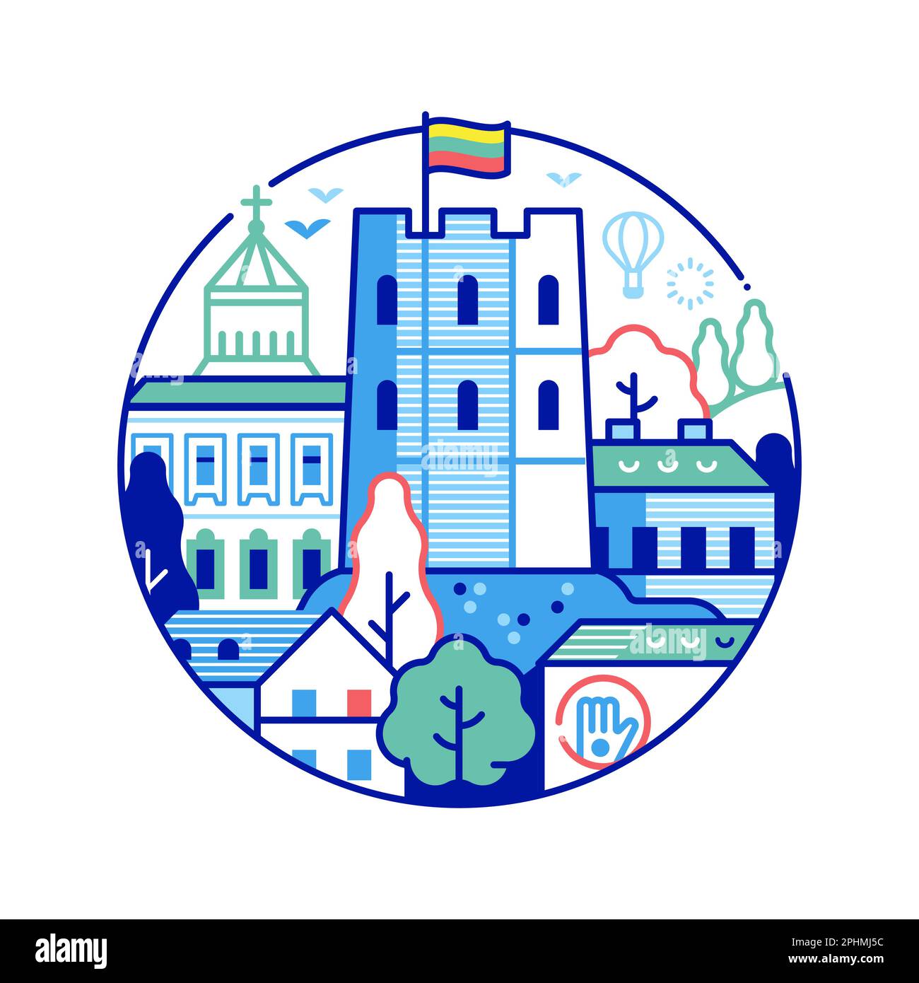 Viaggia sull'icona di Vilnius con la torre del castello di Gediminas Illustrazione Vettoriale