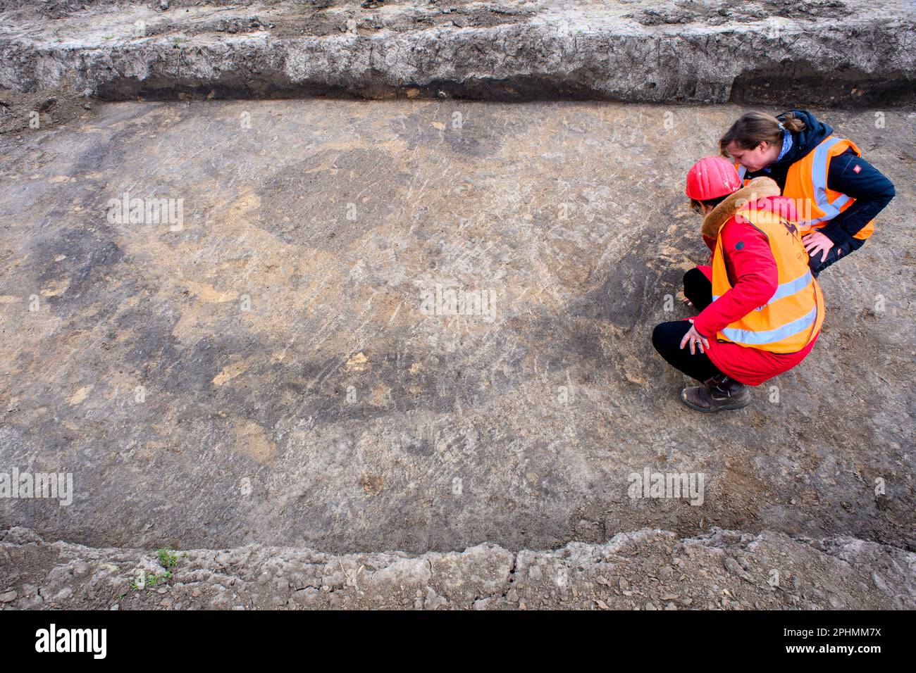 29 marzo 2023, Sassonia-Anhalt, A3818: Susanne Friederich (l), capo del Dipartimento per la conservazione dei monumenti archeologici presso l'Ufficio statale per la conservazione dei monumenti e dell'archeologia della Sassonia-Anhalt, E Xandra Dalidowski (r) dell'Ufficio statale della Sassonia-Anhalt per la conservazione dei monumenti e dell'archeologia e coordinatore per gli scavi nel sito di costruzione di Intel parlano di una ricerca in una sezione del suolo. Il punto oscuro all'interno del semicerchio è un luogo di sepoltura dal tempo tra 4000 anni e 2000 anni prima di Cristo. Il semicerchio segna il bordo del buri Foto Stock