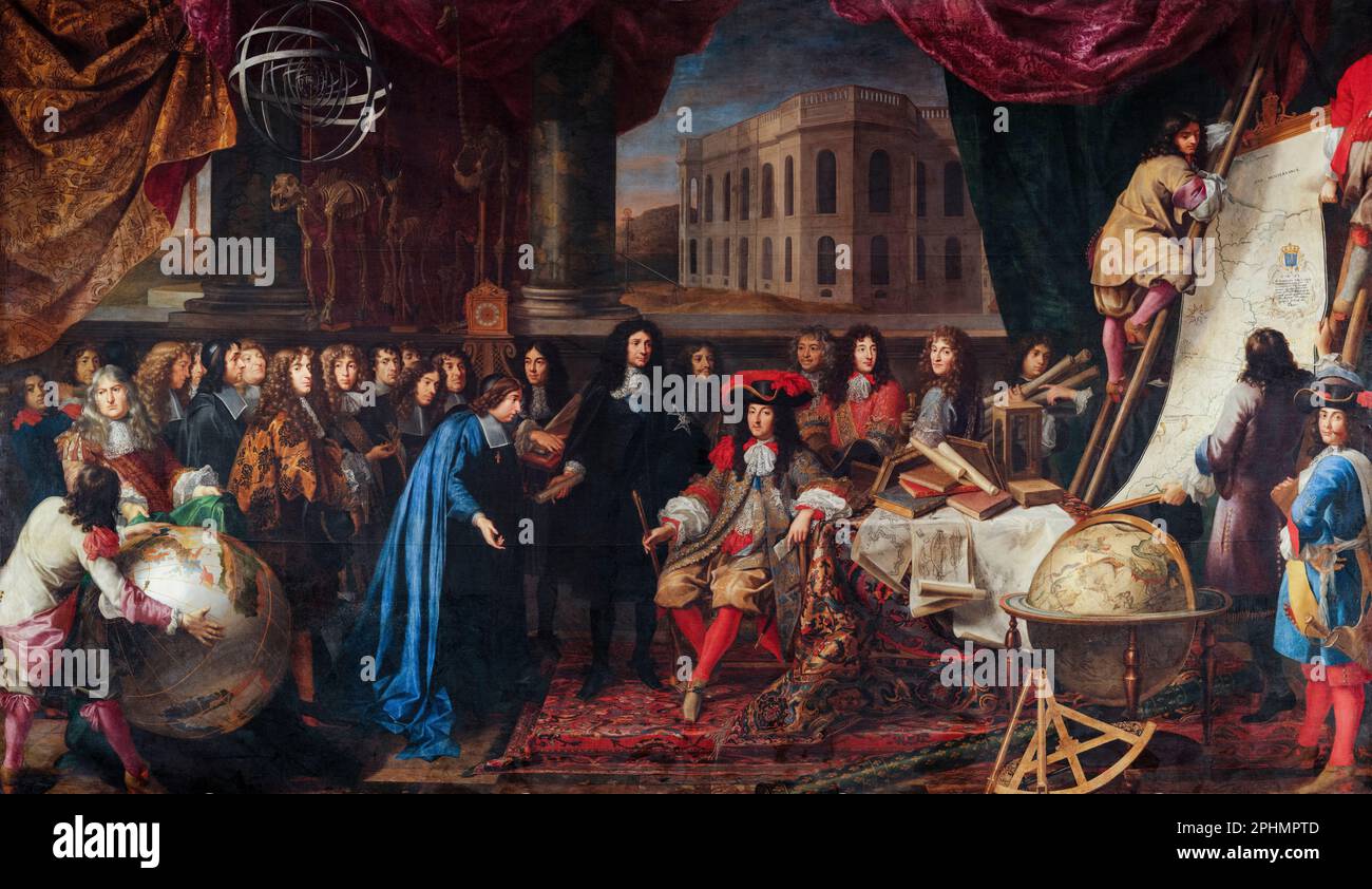 Istituzione dell'Accademia francese delle scienze e dell'Osservatorio di Parigi, 1667. Pittura in olio su tela di Henri Testelin, 1675-1680 Foto Stock