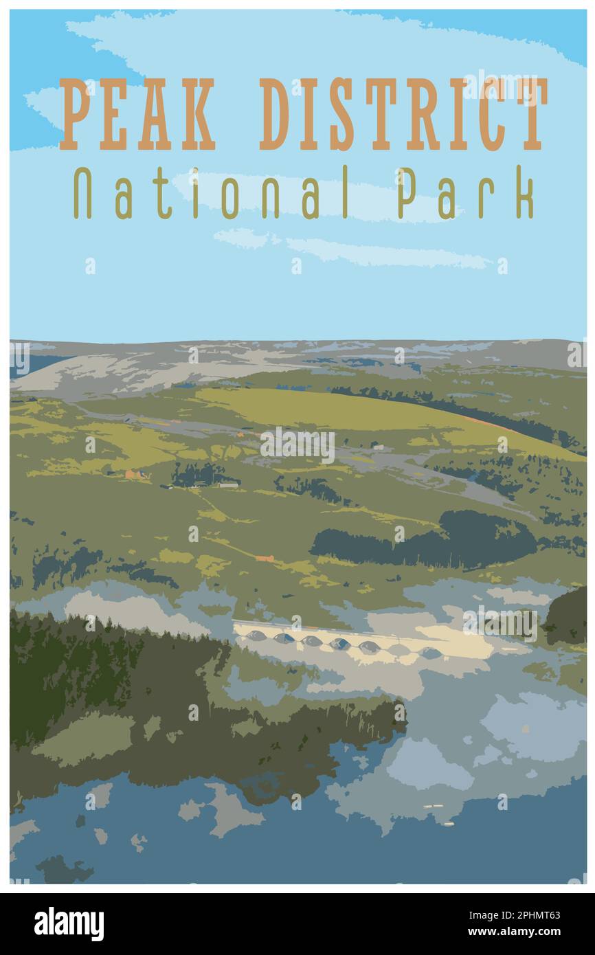 Nostalgico poster retrò di viaggio del Peak District National Park, Inghilterra, Regno Unito nello stile di Work Projects Administration. Illustrazione Vettoriale