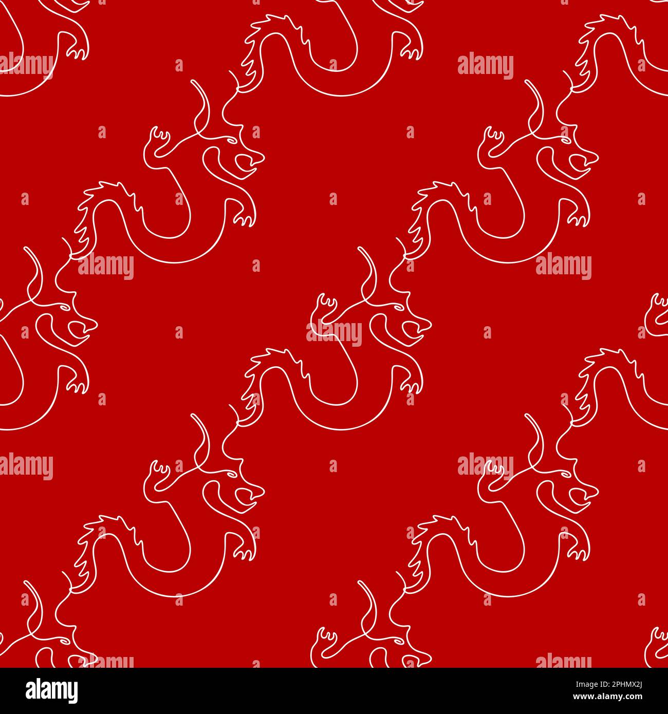 Motivo senza cuciture con illustrazione dei draghi in stile Line art su sfondo rosso Illustrazione Vettoriale