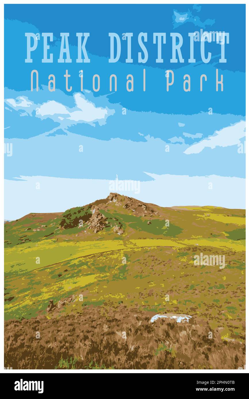 Nostalgico poster retrò di viaggio del Peak District National Park, Inghilterra, Regno Unito nello stile di Work Projects Administration. Illustrazione Vettoriale