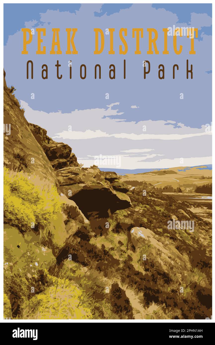 Nostalgico poster retrò di viaggio del Peak District National Park, Inghilterra, Regno Unito nello stile di Work Projects Administration. Illustrazione Vettoriale