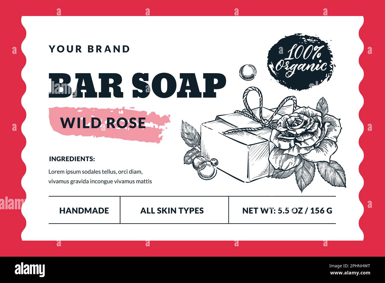 Etichetta o modello di adesivo per confezione di saponetta naturale fatta a mano. Disegno vettoriale a mano sapone schizzo e fiore di rosa illustrazione. Badge o banner per vasca e idromassaggio Illustrazione Vettoriale