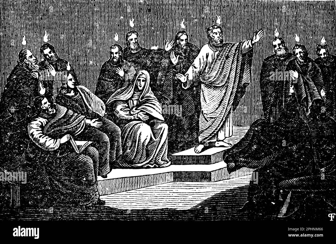 La discesa dello Spirito Santo sugli Apostoli e sugli altri seguaci, gli Apostoli, nuovo Testamento, bibbia 1831, illustrazione storica Foto Stock