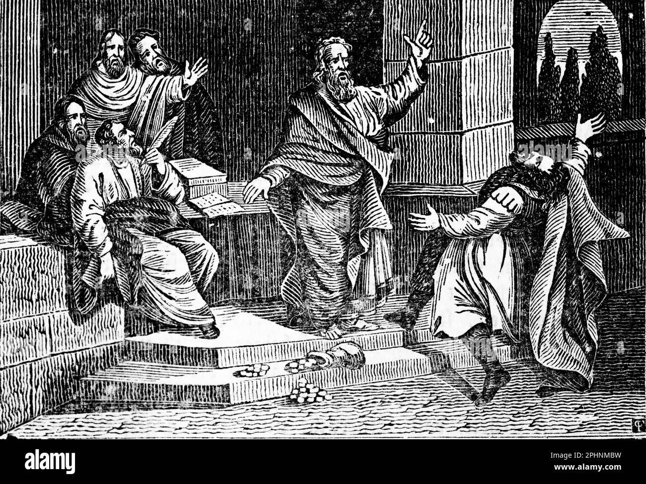 Anania e Sapphira, Saphira sono condannati a morte dall'apostolo Pietro per aver detto agli Apostoli, nuovo Testamento, bibbia 1831, illustrazione storica Foto Stock