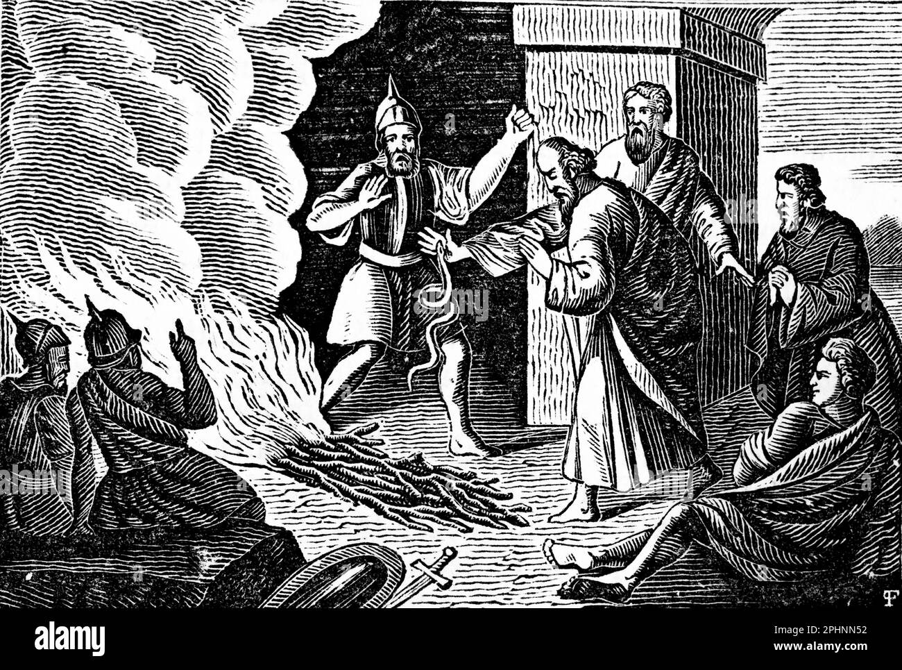 Paulus getta nel fuoco il velenoso serpente Natter, Apostoli, nuovo Testamento, bibbia 1831, illustrazione storica Foto Stock