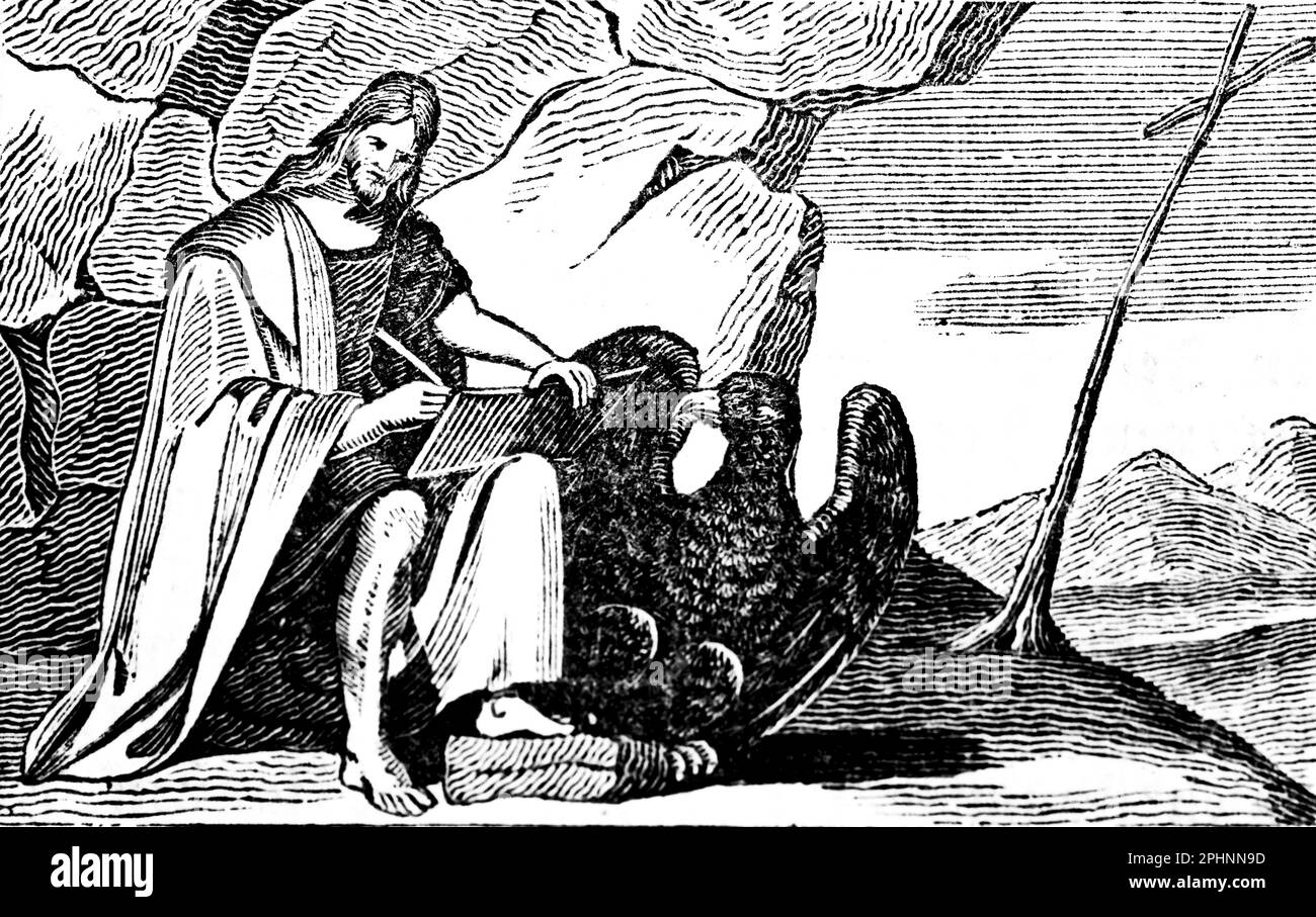 L'evangelista Giovanni, Giovanni l'Apostolo, seduto in montagna scrivendo, nuovo Testamento, gli Apostoli, bibbia 1831, illustrazione storica Foto Stock