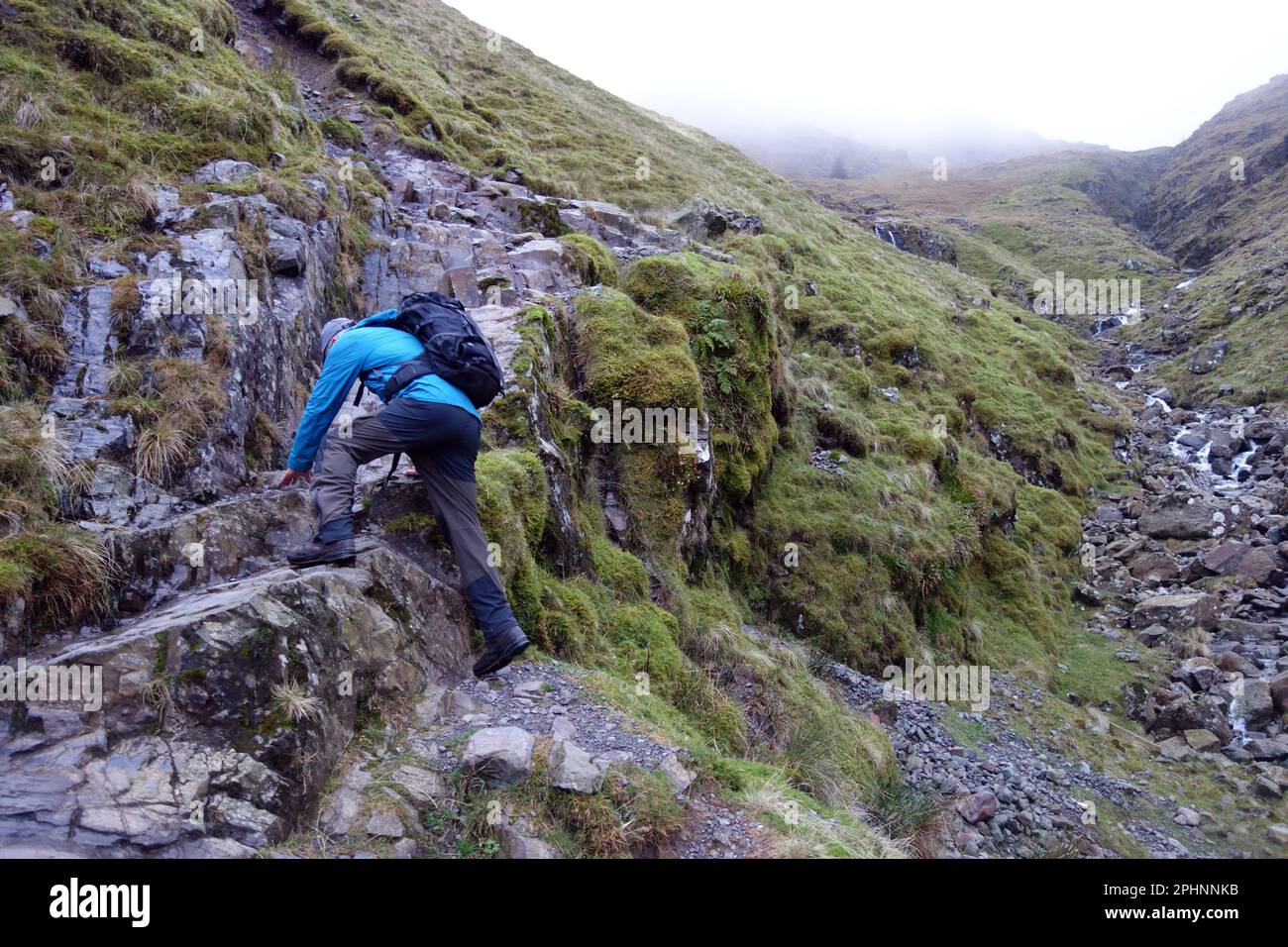 Man (Hiker) a piedi su Sentiero da Ruddy Gill a Esk Hause via Stockley Bridge a Scafell Pike da Seathwaite a Borrowdale, Cumbria, Inghilterra, Regno Unito. Foto Stock