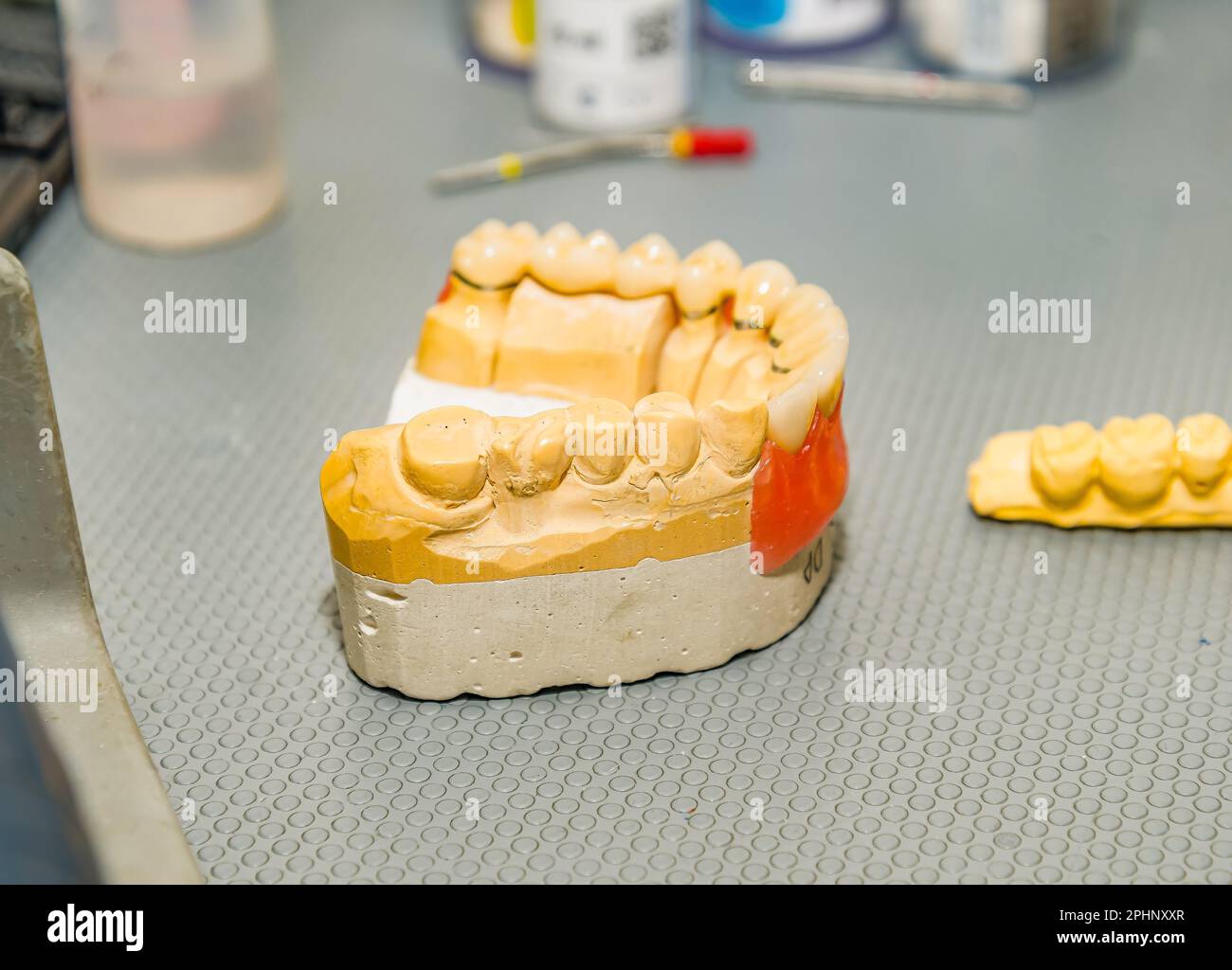 Calco in gesso della mandibola in ufficio di un tecnico odontoiatrico Foto Stock